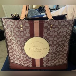 Coach Dempsey Tote 40 In Signature Jacquard With Stripe And Coach Patch (maroon)